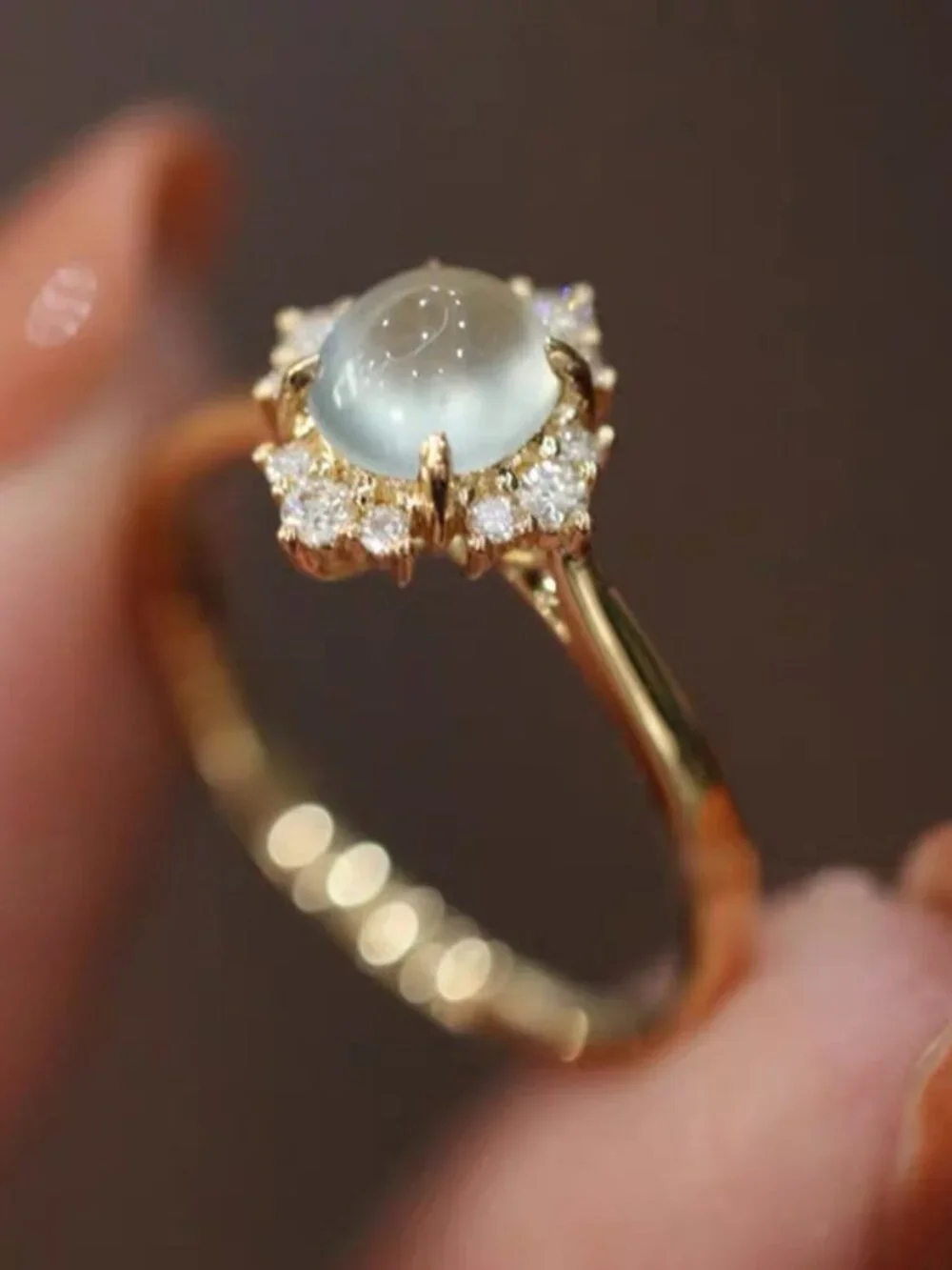Adjustable Cat Eye Ring Gold Open Ring CZ Halo Statement Ring